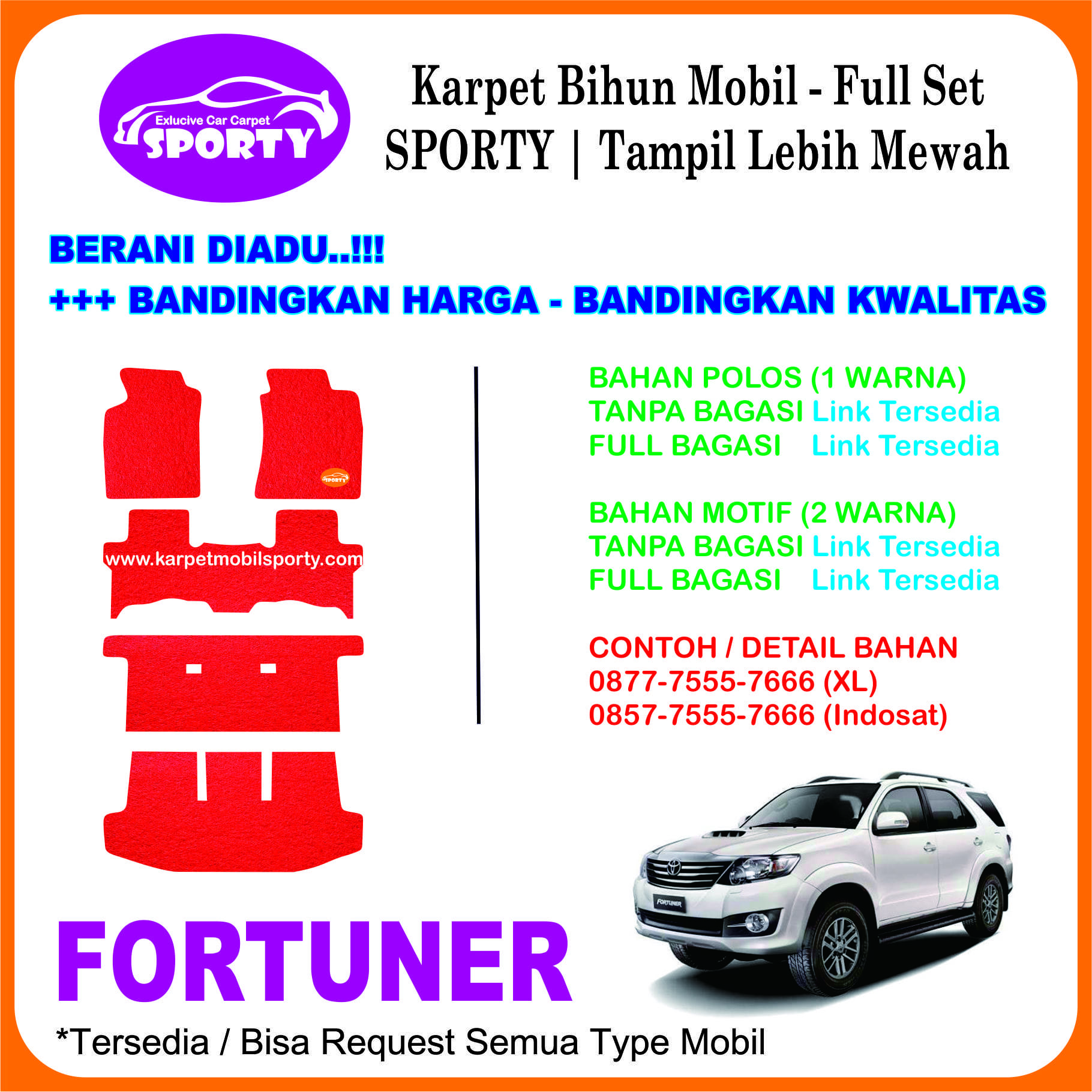 Karpet Mobil Mie Bihun FORTUNER Non Bagasi