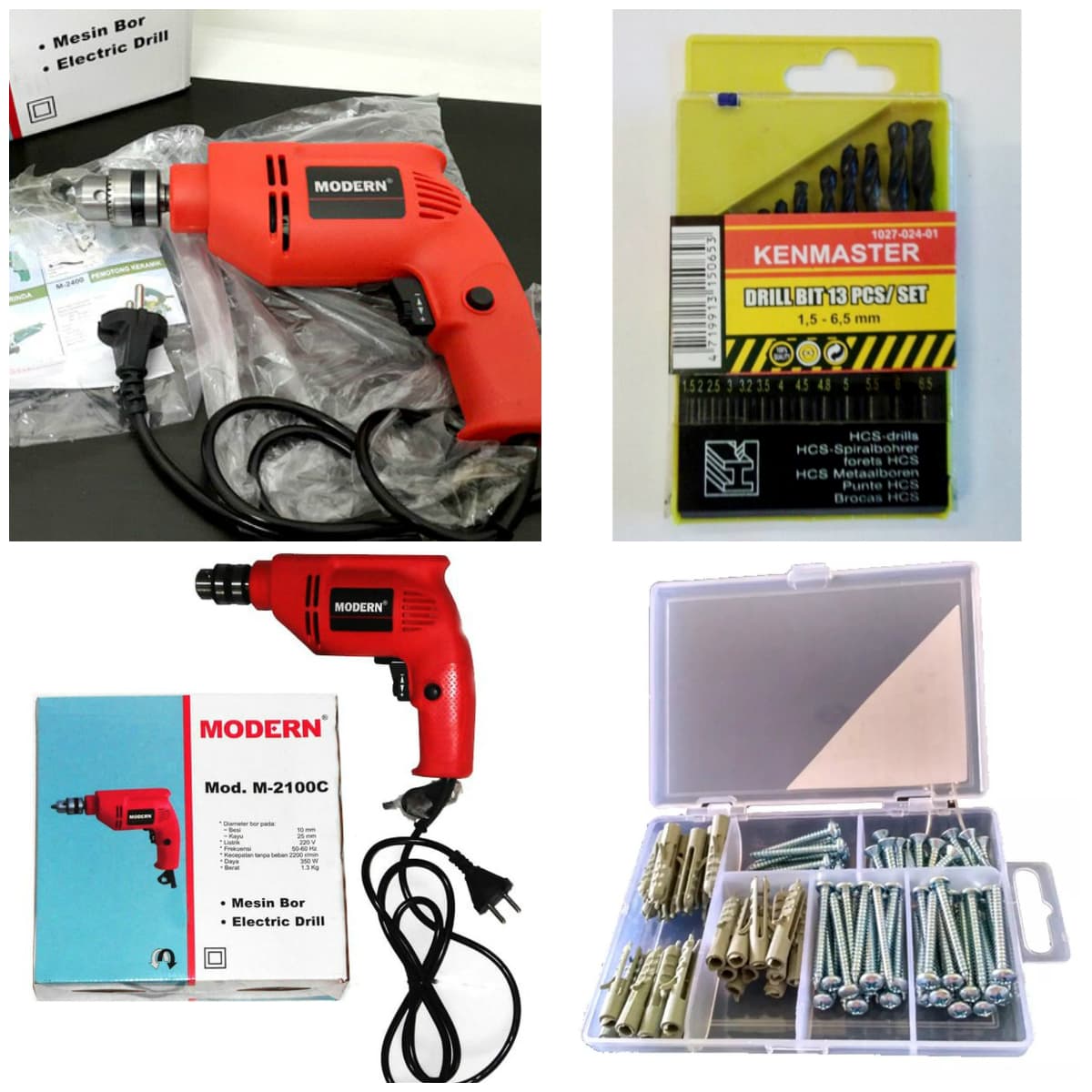 Paket Mesin Bor Modern M - 2100c 10mm + Mata Bor Besi Set Kenmaster + Skrup