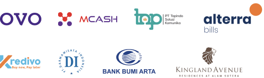 partner logo - ovo, mcash, topindo solusi komunika, alterra, kredivo, darmawisata indonesia, bank bumi arta, kingland avenue