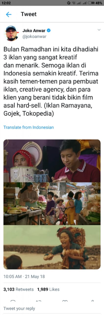  Ramadan menjadi momentum yang dimanfaatkan banyak perusahaan untuk mengeluarkan iklan iko Joko Anwar Puji Iklan Ramadan Kreatif dari 3 Brand Lokal. Salah satunya Tokopedia