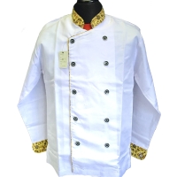 Baju Koki / Chef Putih Kombinasi Batik Kuning Lengan Panjang