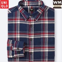 UNIQLO Men Kemeja Flannel Kotak Pria Lengan Panjang Blue Flanel