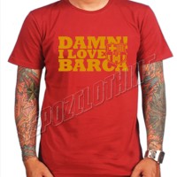 KAOS MERAH TULISAN EMAS DAMN I LOVE BARCA