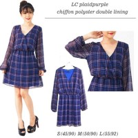 Dress Midi Branded Kotak Ungu Plaid Baju Terusan WAnita V-Neck Pesta