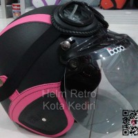 Jual Helm Retro Bogo SNI Hitam Garis Pink dan Kacamata Google Lokal Asli Murah