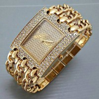 Jual Jam Tangan wanita / Cewek Guess 3 Rantai Plat Diamond Gold Murah