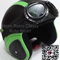 Jual Helm Retro SNI Hitam Garis Hijau dan Kacamata Google Lokal Asli 100% Murah
