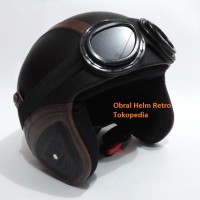 Jual Helm Retro SNI Hitam Garis Coklat Kacamata Google Lokal Murah