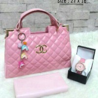 3in1 chanel box pink (tas+dompet+jam)