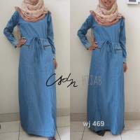Gamis Denim Le Couture Saku Risleting Besi Dengan Strap Pinggang
