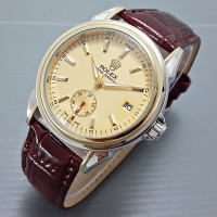 Jual ROLEX OYSTER LEATHER BROWN SILVER GOLD PLAT GOLD (Jam tangan Pria) Murah