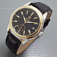 Jual ROLEX OYSTER LEATHER BLACK SILVER GOLD (Jam tangan pria) Murah