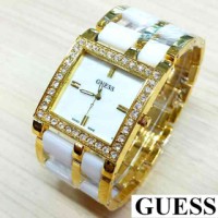 Jam Tangan Wanita/cewek Guess Ceramic Diamond White Gold