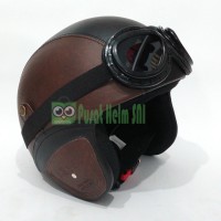 Jual Helm Retro Kulit Coklat Hitam SNI dengan Kacamata Goggle Murah