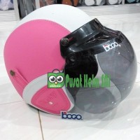 Helm Retro Kulit Pink Putih SNI - Kacamata plus Kaca BOGO IMPOR Asli