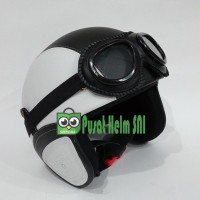 Helm Retro Kulit Putih Hitam SNI - Kacamata Goggle