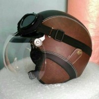 helm bogo retro kulit classic hitam coklat kaca bogo ori + kacamata