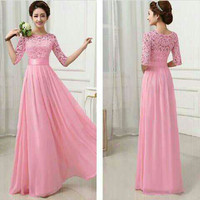 Jual dress panjang pink rok klok lebar / gaun pesta ada lengan / big size Murah