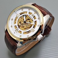 Jual Jam Tangan Rolex Pria Cowok Leather Skeleton Diamond Gold Romawi Murah Murah