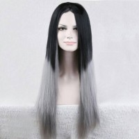 wig rambut palsu sambung ombre gradasi warna lurus black white gray