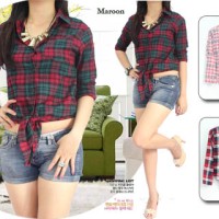 Jual kemeja collar tartan tali ikat jangkis katun semi flanel crop simple Murah
