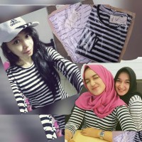Jual atasan wanita baju wanita kaos belang salur stripe casual cantik Murah