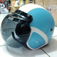 Helm Bogo Retro SNI Kulit Biru Muda Putih Kaca Bogo Ori
