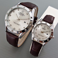 Jual Jam Tangan Rolex Couple Leather Brown Silver Harga Sepasang Murah