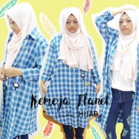 Kemeja Wanita Flanel Big Size Biru, dengan patch/ emblem, murah, hijab