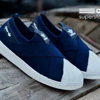 Sepatu Adidas Super Star Slop Slip On Biru Navy Women Wanita Sekolah K