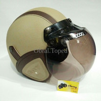 Helm Bogo Retro Kulit Warna Krem Garis Coklat Klasik Sudah Sni HBCL MT