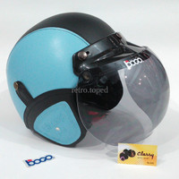 Helm Bogo Retro Kulit Warna Biru Muda Sky Hitam Klasik Sudah Sni HBCL