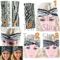 Jual B61 Twisted black and white wide tribal cotton headband Murah