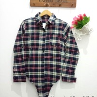 Jual kemeja collar tartan tali ikat jangkis katun flanel crop shirt Navy Murah