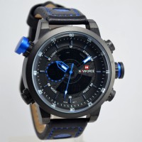 Jual Jam Tangan Pria Naviforce Original Dual Time Kulit Hitam-Biru Murah