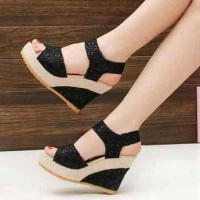 Jual Wedges Brukat Hitam ON29 | Sepatu Wanita | Sepatu Wedges |Wedges Hitam Murah
