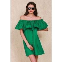 Jual Dress Wanita Sabrina Ruffles Slash Neck Dress Hijau Murah