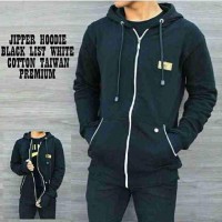 (NEW) | Jaket Distro Zipper Hoodie Simpel Finger Black List White