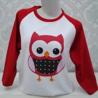 Gratis Tambah Nama-Best Quality-Kaos Raglan Pink Owl_Merah putih
