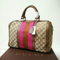 JUAL TAS GUCCI VINTAGE BOSTON CANVAS STRIP BROWN PINK MIRROR QUALITY