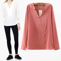 20930 BAJU V NECK TOP PINK PEACH CASUAL FOREVER 21 FASHION WANITA GAUL