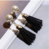 Anting Korea Cantik Hitam Mutiara Model Rumbai 55014 Grosir