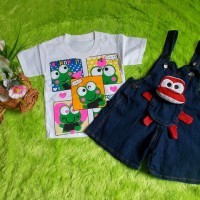 setelan baju kodok jeans bayi boneka keroppi merah