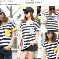 Blus Kaos Casual Wanita Katun Stripe Garis Biru Kuning E31