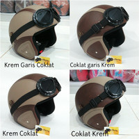 Jual Helm Retro Kacamata Klasik Kulit Krem Coklat Garis XLBM Murah