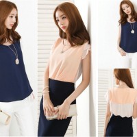 755321 BAJU TWO TONE DUA WARNA PASTEL BLOUSE CHIFFON WANITA CASUAL TOP