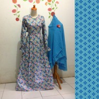 Gamis Syari Katun Jepang Reaktif Busui Fit XL Biru Khimar Sifon 2 Laye