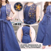 Jual Maxi Dress 2in1 Long Vest Jeans Bordir Premium Lebaran Mewah Gamis Murah