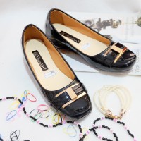 Sepatu Kerja Wanita Flat Shoes Kulit Black Hitam Coklat Glossy Murah