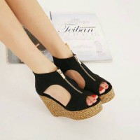 Sepatu Sandal Wedges Kulit Sintetis Wanita Black Hitam Suede Murah l